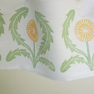 Dandelion linen cafe curtains or valance gray yellow green coral taupe modern kitchen home decor hand block printed green yellow