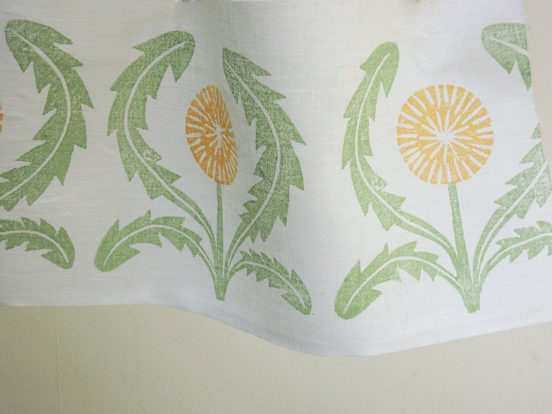 Dandelion linen cafe curtains or valance gray yellow green coral taupe modern kitchen home decor hand block printed green yellow