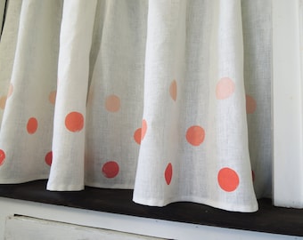 Polka Dot Linen Cafe Curtains hand block printed in three tints of coral, cherry, aqua or french blue pastel home decor two panels