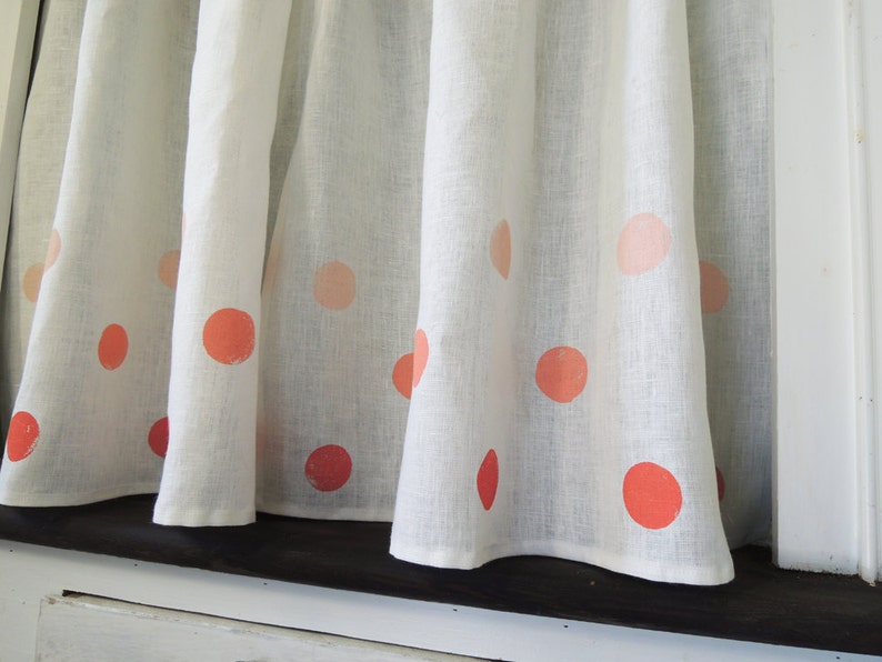 Polka Dot Linen Cafe Curtains hand block printed in three tints of coral, cherry, aqua or french blue pastel home decor two panels image 2