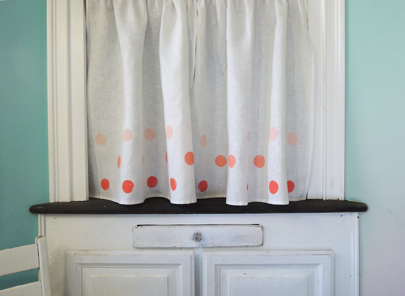 Polka Dot Linen Cafe Curtains hand block printed in three tints of coral, cherry, aqua or french blue pastel home decor two panels image 5