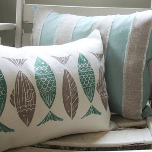 Aqua and mixed natural gray brown linen fringed nautical stripe coastal living home decor decorative pillow cover image 2
