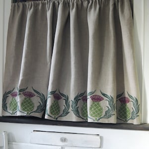 Natural gray or white hand block printed Scottish Thistle linen cafe curtain or valance image 5