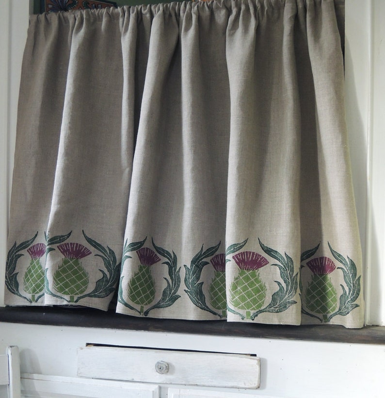 Natural gray or white hand block printed Scottish Thistle linen cafe curtain or valance image 5