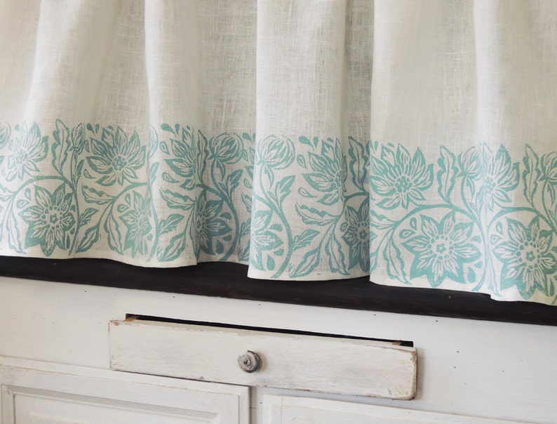 Passionflower white linen cafe curtain hand block printed botanical floral kitchen home decor country french window treatment image 5