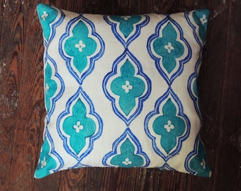 turquoise and ultramarine blue hand block printed geometric ogee decorative colorful linen pillow case