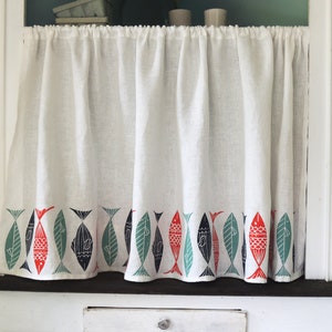 Anchovies white linen cafe curtain hand block printed modern coastal kitchen home decor retro beach nautical window treatment image 5