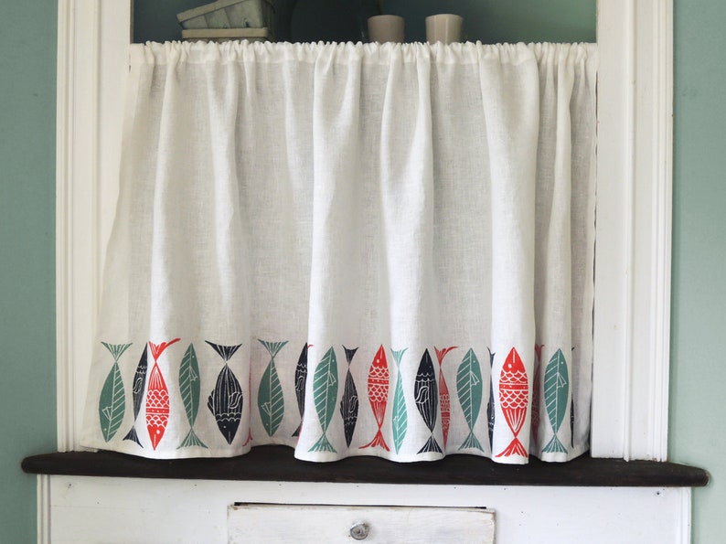 Anchovies white linen cafe curtain hand block printed modern coastal kitchen home decor retro beach nautical window treatment image 5