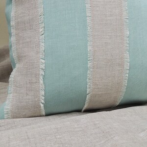 Aqua and mixed natural gray brown linen fringed nautical stripe coastal living home decor decorative pillow cover image 4