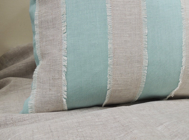 Aqua and mixed natural gray brown linen fringed nautical stripe coastal living home decor decorative pillow cover image 4