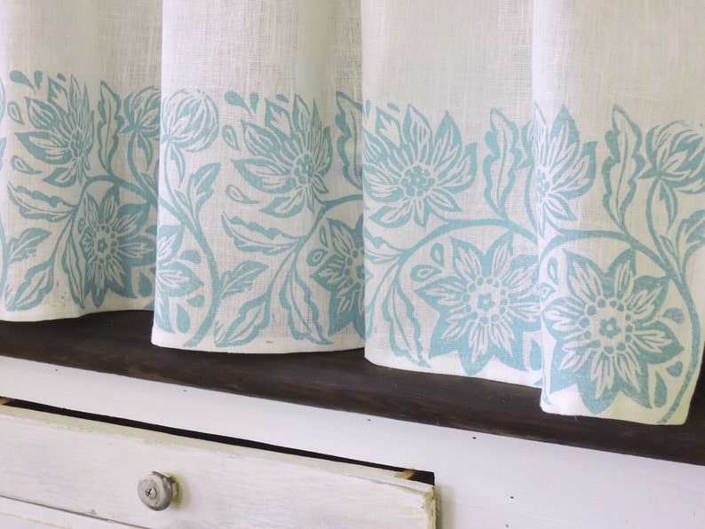 Passionflower white linen cafe curtain hand block printed botanical floral kitchen home decor country french window treatment pale blue on white