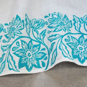 Passionflower white linen cafe curtain hand block printed botanical floral kitchen home decor country french window treatment turquoise on white