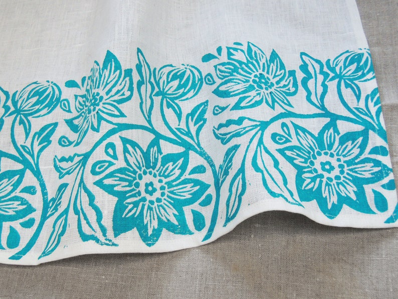 Passionflower white linen cafe curtain hand block printed botanical floral kitchen home decor country french window treatment turquoise on white