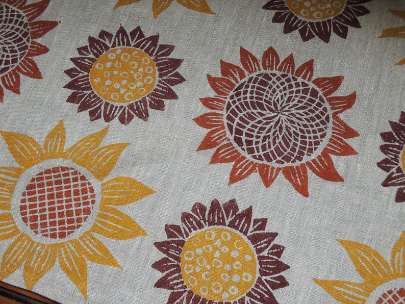 Sunflower natural linen table runner hand block printed summer home decor image 4