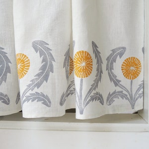 Dandelion linen cafe curtains or valance gray yellow green coral taupe modern kitchen home decor hand block printed