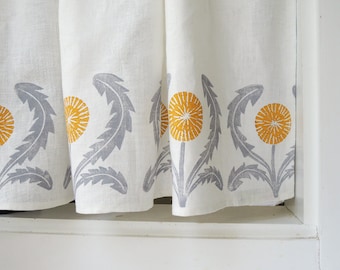 Dandelion linen cafe curtains or valance gray yellow green coral taupe modern kitchen home decor hand block printed