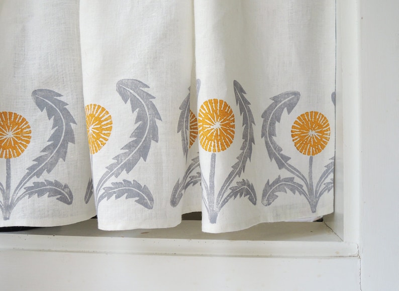 Dandelion linen cafe curtains or valance gray yellow green coral taupe modern kitchen home decor hand block printed gray yellow