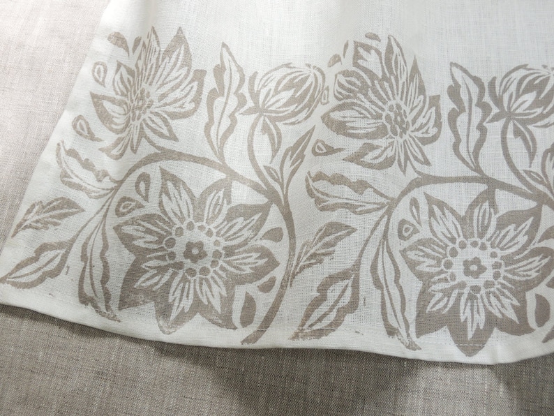 Passionflower white linen cafe curtain hand block printed botanical floral kitchen home decor country french window treatment taupe on white