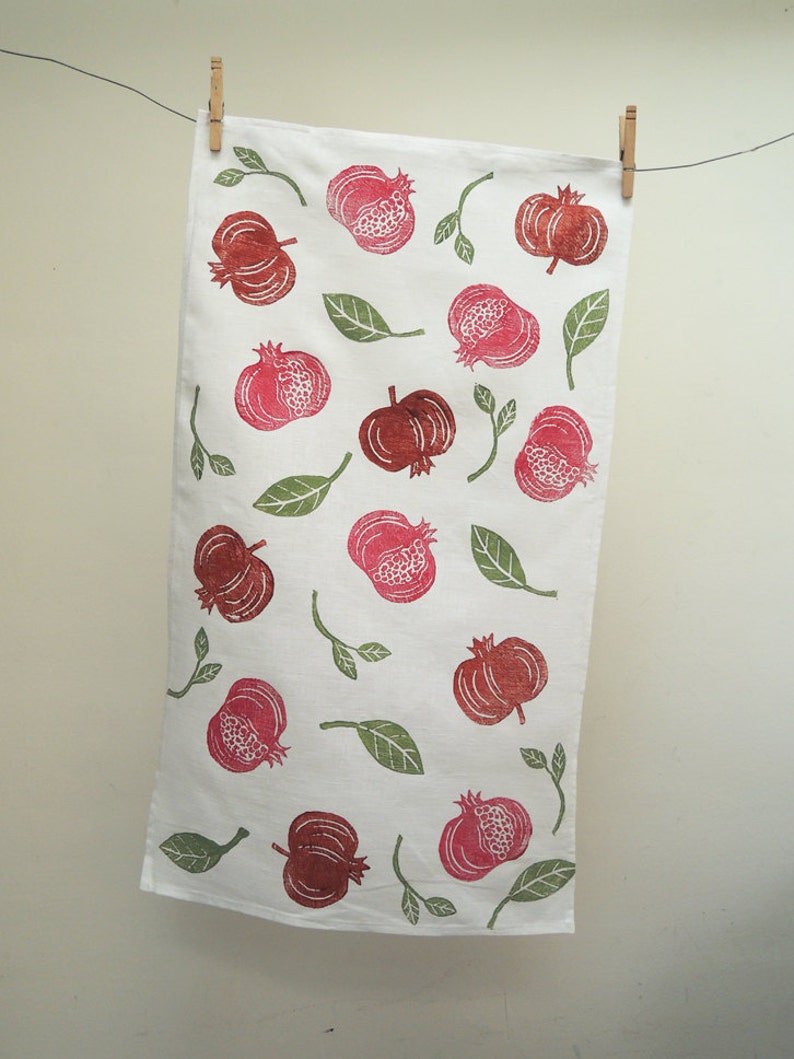 Pomegranate fruit botanical hand block printed white linen tea towel image 2