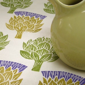 Artichoke Thistle hand block printed linen tea towel kitchen decor