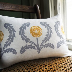 gray and yellow ochre dandelion hand block printed on white linen decorative colorful home decor lumbar pillow cover