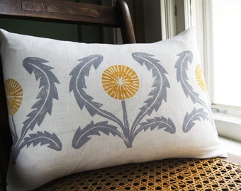 gray and yellow ochre dandelion hand block printed on white linen decorative colorful home decor lumbar pillow cover