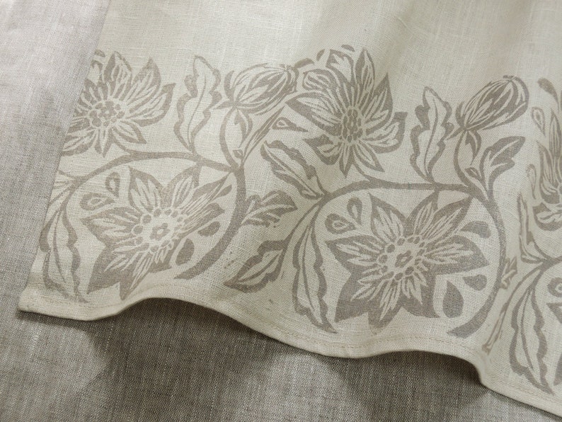Passionflower white linen cafe curtain hand block printed botanical floral kitchen home decor country french window treatment taupe on antique