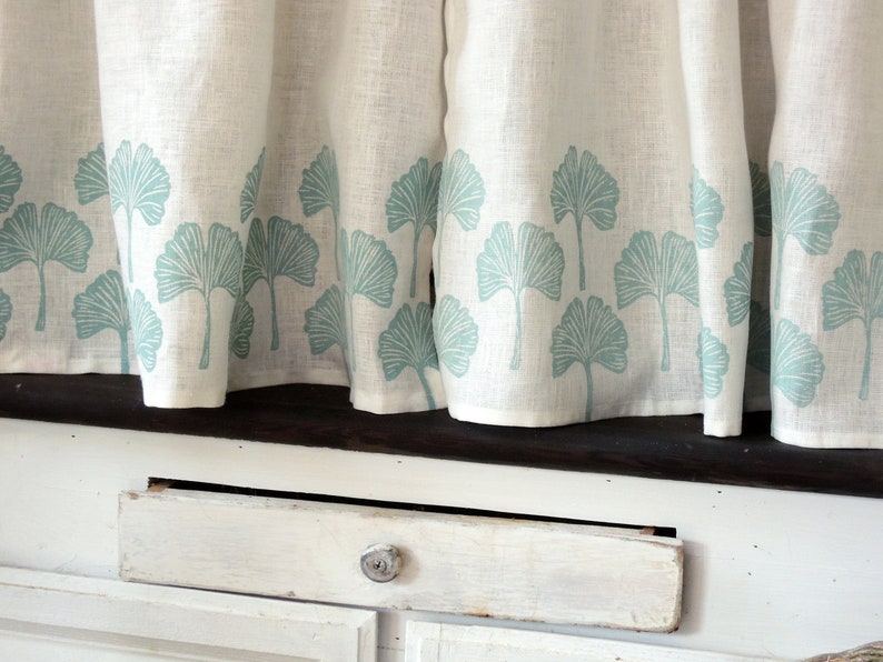 Gingko Leaf white linen cafe curtain hand block printed botanical kitchen home decor window treatment image 1