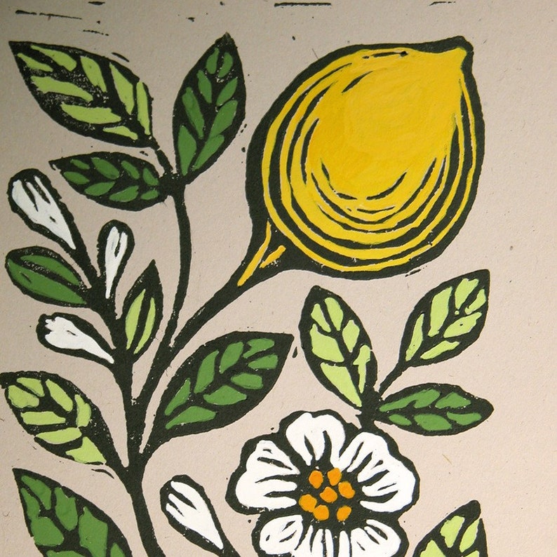 Lemon blossom original gardening art hand block print kitchen botanical home decor image 2