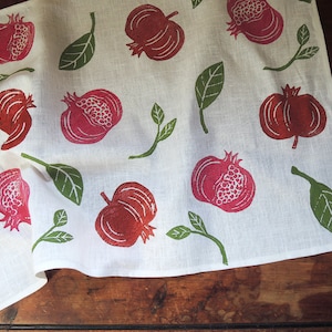 Pomegranate fruit botanical hand block printed white linen tea towel image 1