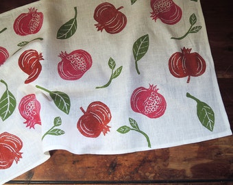 Pomegranate fruit botanical hand block printed white linen tea towel