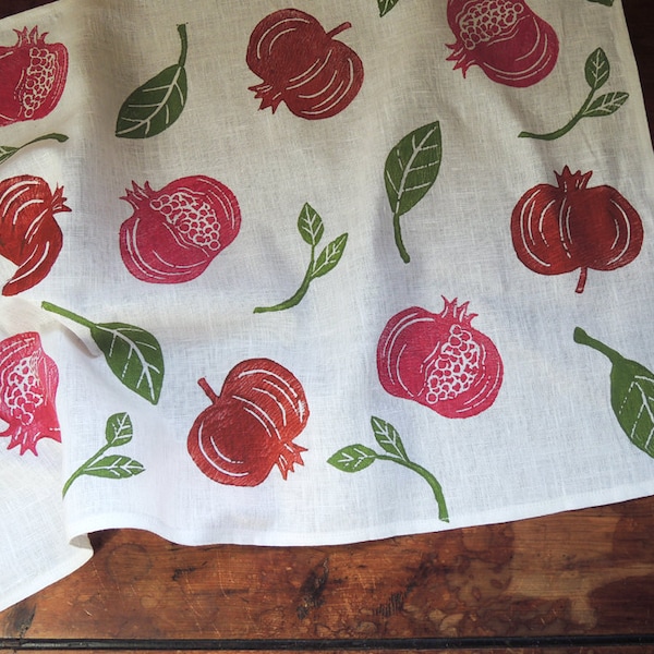 Pomegranate fruit botanical hand block printed white linen tea towel