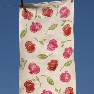 Pomegranate fruit botanical hand block printed white linen tea towel image 4