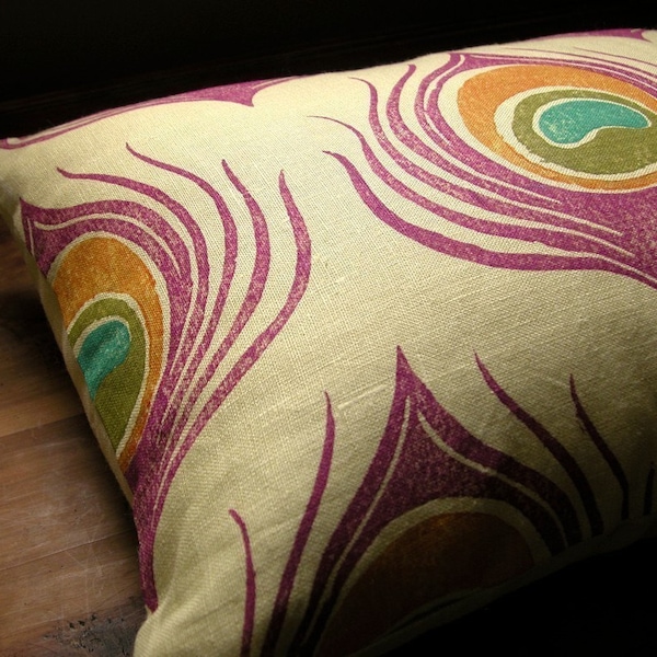 Orchid and Orange Peacock Feather Lumbar  Linen Pillow Case