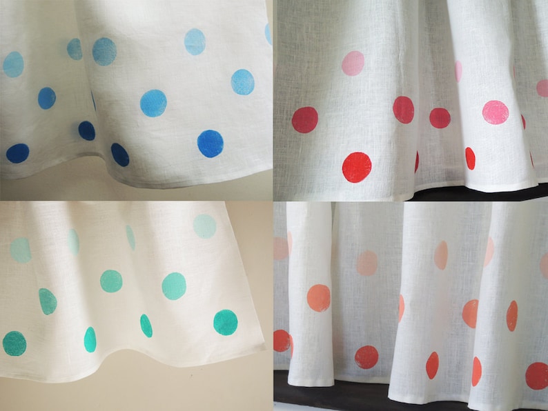 Polka Dot Linen Cafe Curtains hand block printed in three tints of coral, cherry, aqua or french blue pastel home decor two panels image 1