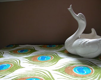 Peacock feather white linen table runner hand block printed colorful tropical home decor