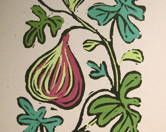 Fig original gardening art hand block print hand painted green purple botanical home decor