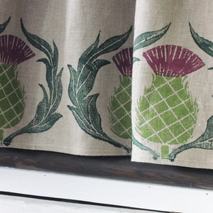Natural gray or white hand block printed Scottish Thistle linen cafe curtain or valance image 2