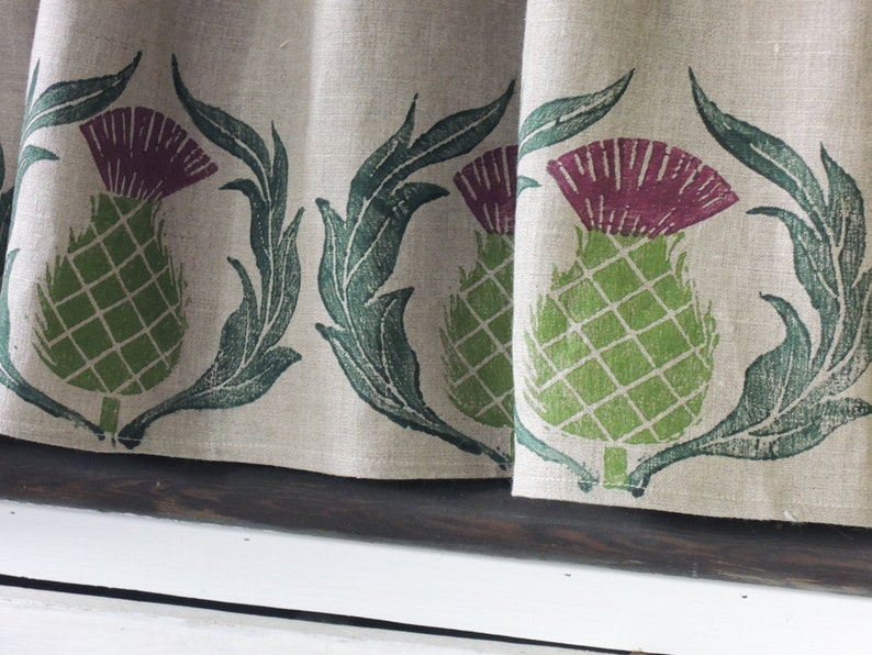 Natural gray or white hand block printed Scottish Thistle linen cafe curtain or valance image 2