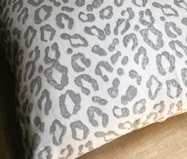 Gray hand block printed leopard spot on white linen modern home decor decorative pillow cover your choice of size image 2