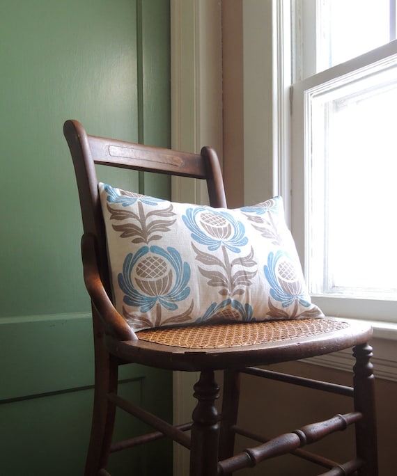 Swedish Blue or Coral and Taupe Folk Art Floral on white hand block printed linen home decor pillow case