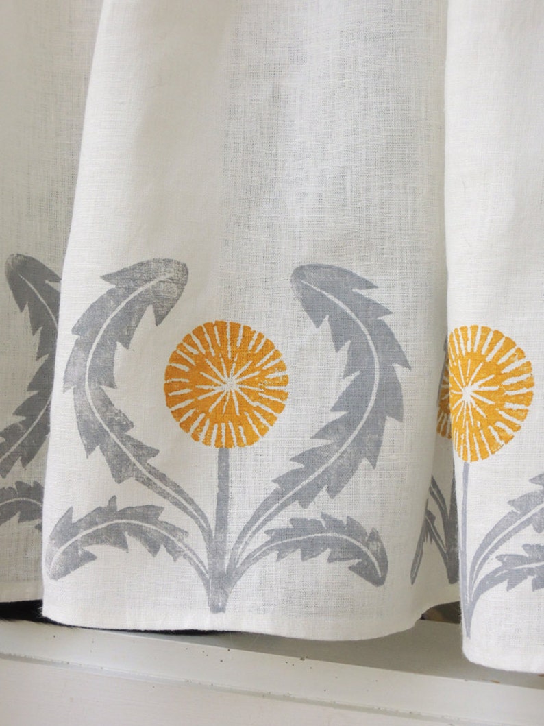 Dandelion linen cafe curtains or valance gray yellow green coral taupe modern kitchen home decor hand block printed image 3