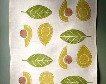 Avocado linen tea towel hand block printed modern botanical kitchen home decor