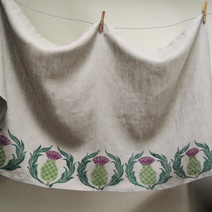 Natural gray or white hand block printed Scottish Thistle linen cafe curtain or valance image 4