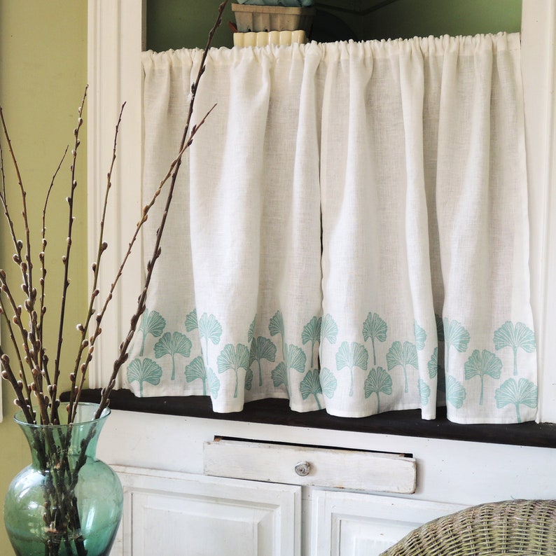Gingko Leaf white linen cafe curtain hand block printed botanical kitchen home decor window treatment image 6