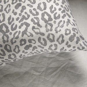 Gray hand block printed leopard spot on white linen modern home decor decorative pillow cover your choice of size image 1