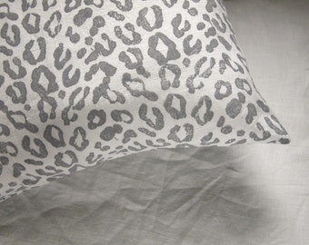 Gray hand block printed leopard spot on white linen modern home decor decorative pillow cover your choice of size