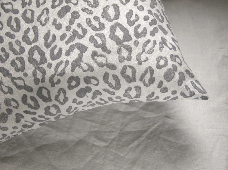 Gray hand block printed leopard spot on white linen modern home decor decorative pillow cover your choice of size image 1