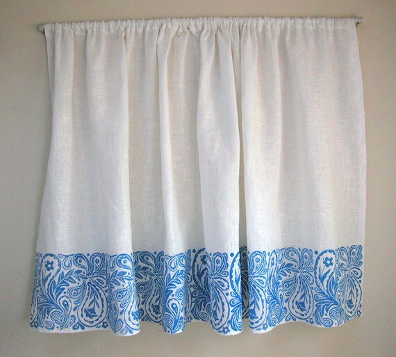 French Country Paisley White Linen Cafe Curtains 57 X 27 Inch Etsy