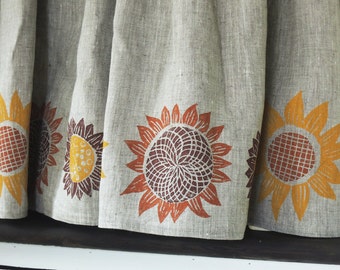 Autumn Sunflowers natural linen cafe curtains or valance pumpkin mustard yellow fig hand block printed kitchen harvest fall home decor